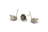 Silver Flower Earring, 6 Antique Silver Plated Brass Flower Stud Earrings With 1 Loop (9x11mm) N1166