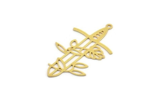 Brass Sword Charm, 12 Raw Brass Leaf Sword Charms With 1 Loop, Earrings (39x22x0.60mm) A4704