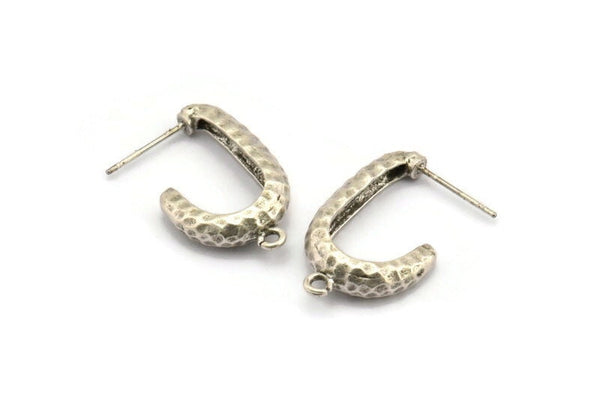 Silver Hook Earring, 2 Hammered Antique Silver Plated Brass Hook Stud Earrings With 1 Loop (26x15x5mm) N1329