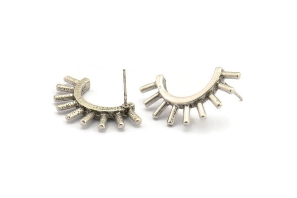 Silver Eyelash Earring, 2 Antique Silver Plated Brass Eyelash Stud Earrings (31x16mm) N1147