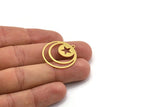 Brass Round Charm, 10 Raw Brass Crescent Moon And Star Patterned Round Shape Charms With 1 Loop, Charm Pendants (28x26x0.60mm) A4717