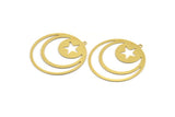 Brass Round Charm, 4 Raw Brass Crescent Moon And Star Patterned Round Shape Charms With 1 Loop, Charm Pendants (44x41x0.60mm) A4716