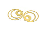 Brass Round Charm, 4 Raw Brass Crescent Moon And Star Patterned Round Shape Charms With 1 Loop, Charm Pendants (44x41x0.60mm) A4716