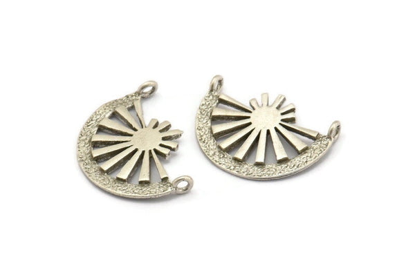 Silver Ethnic Pendant, 2 Antique Silver Plated Brass Semi Circle Pendant With 2 Loops (24x17mm) N0974