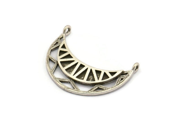 Silver Moon Charm, 2 Antique Silver Plated Brass Moon Pendants With 2 Loops, Findings (28x11x2mm) N1260