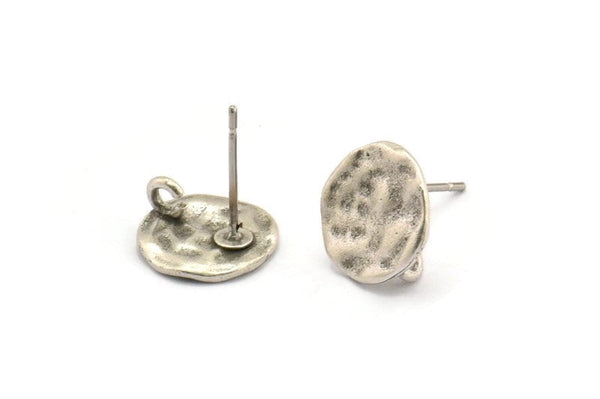 Silver Round Earring, 4 Antique Silver Plated Brass Round Earring Studs, With 1 Loop (11mm) N1213 H0269