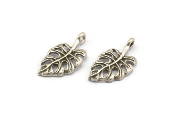 Silver Leaf Charm, 6 Antique Silver Plated Brass Leaf Charms With 1 Loop, Earrings, Findings (19x10x1.5mm) N1189 H1056