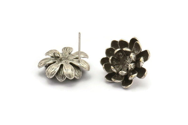 Silver Flower Earring, 2 Antique Silver Plated Brass Flower Stud Earrings With 1 Loop (18mm) N1192