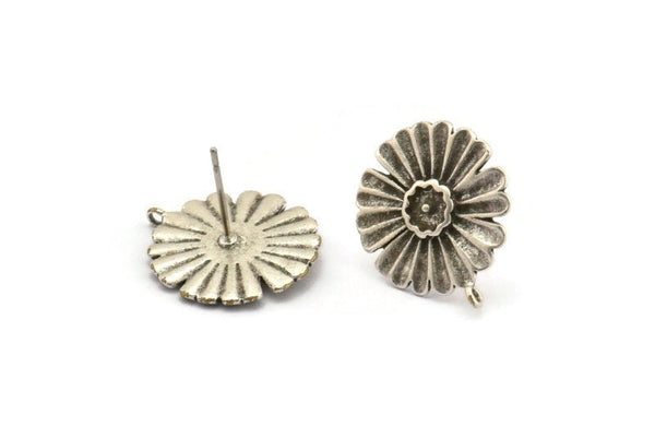 Silver Flower Earring, 2 Antique Silver Plated Brass Flower Stud Earrings (17x1mm) N1171
