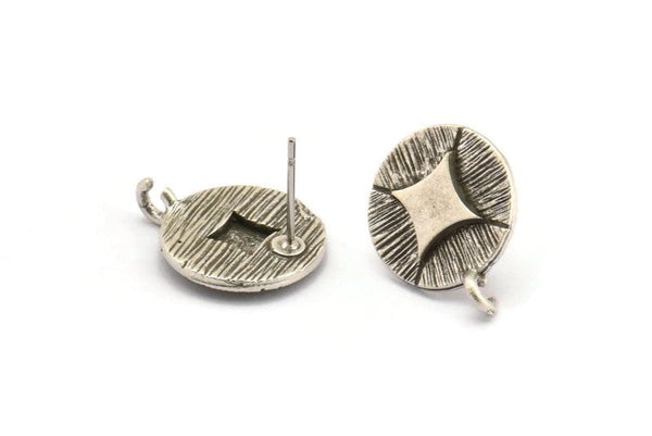 Gümüş Küpe Direği, 2 Antik Gümüş Kaplama Pirinç Yuvarlak Küpe Saplaması (15 mm) N1286