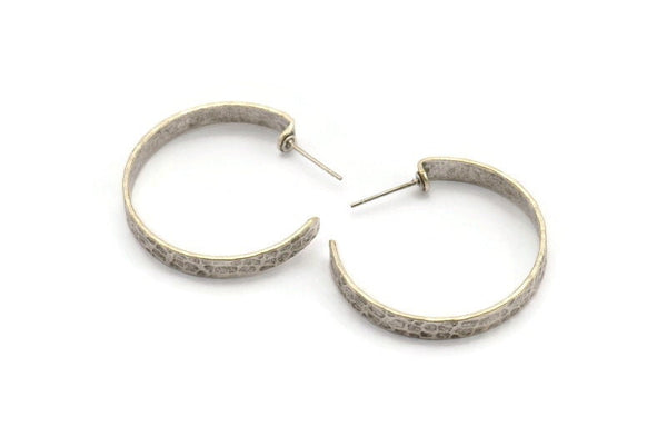 Silver Geometric Earring, 2 Hammered Antique Silver Plated Brass Circle Stud Earrings (34x5x1mm) N1251 H0958