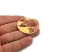Brass Round Charm, 4 Raw Brass Sun And Mountain Patterned Round Shaped Charms With 1 Loop, Earring Findings (40x38x0.60mm) A4874