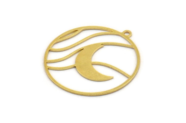 Brass Round Charm, 10 Raw Brass Crescent Moon Patterned Round Shaped Charms With 1 Loop, Earring Findings (30x28x0.60mm) A4867