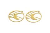 Brass Round Charm, 10 Raw Brass Crescent Moon Patterned Round Shaped Charms With 1 Loop, Earring Findings (30x28x0.60mm) A4867