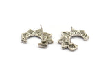Silver Leaf Earring, 2 Antique Silver Plated Brass Leaf Stud Earrings (17x21mm) N1046 H1154