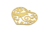 Brass Heart Charm, 2 Raw Brass Bird Patterned Heart Shaped Charms With 1 Loop (36x43x0.60mm) A4899