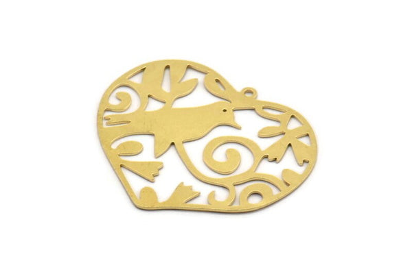 Brass Heart Charm, 2 Raw Brass Bird Patterned Heart Shaped Charms With 1 Loop (36x43x0.60mm) A4899