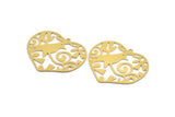 Brass Heart Charm, 2 Raw Brass Bird Patterned Heart Shaped Charms With 1 Loop (36x43x0.60mm) A4899