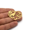 Brass Heart Charm, 2 Raw Brass Bird Patterned Heart Shaped Charms With 1 Loop (36x43x0.60mm) A4899