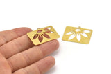 Brass Rectangle Charm, 4 Raw Brass Flower Patterned Rectangle Shaped Charms With 1 Loop, Findings (32x25x0.60mm) A5009