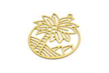 Brass Round Charm, 4 Raw Brass Palm Tree Patterned Round Shape Charms With 1 Loop, Charm Pendants (40x32.5x0.60mm) A4981