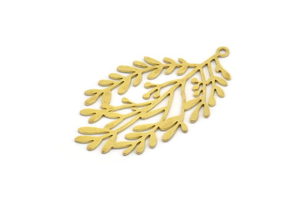 Brass Leaf Charm, 4 Raw Brass Branch Charms With 1 Loop, Charm Pendants (44.5x26x0.60mm) A5053