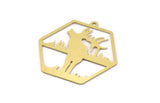 Brass Hexagon Charm, 4 Raw Brass Deer Patterned Hexagon Shaped Charms With 1 Loop, Earring Findings, Geometric Charms (38x40x0.60mm) A5018