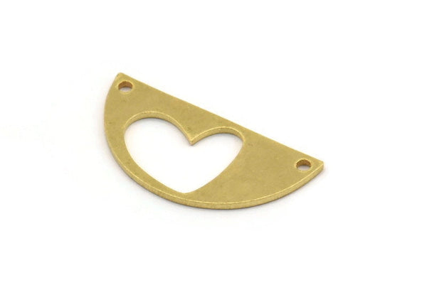 Semi Circle Charm, 12 Raw Brass Heart Patterned Half Moon Shaped Charms With 2 Holes, Connector Findings (13x27.5x1mm) A4983