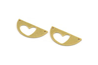 Semi Circle Charm, 12 Raw Brass Heart Patterned Half Moon Shaped Charms With 2 Holes, Connector Findings (13x27.5x1mm) A4983