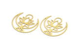 Brass Lotus Charm, 6 Raw Brass Lotus Flower And Crescent Moon Patterned Charms With 1 Loop, Findings (34x32x0.60mm) A5134