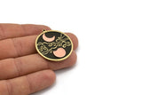 Brass Round Charm, Raw Brass And Copper Crescent Moon And Cloud Patterned Round Shape Charm With 1 Loop (37x34x1.5mm) N2161
