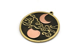 Brass Round Charm, Raw Brass And Copper Crescent Moon And Cloud Patterned Round Shape Charm With 1 Loop (37x34x1.5mm) N2161