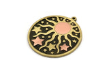 Brass Round Charm, Raw Brass And Copper Sun And Star Patterned Round Shape Charm With 1 Loop (37x34x1.4mm) N2160