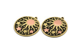 Brass Round Charm, Raw Brass And Copper Sun And Star Patterned Round Shape Charm With 1 Loop (37x34x1.4mm) N2160