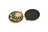 Brass Round Charm, Raw Brass And Copper Sun And Star Patterned Round Shape Charm With 1 Loop (37x34x1.4mm) N2160