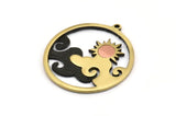 Brass Round Charm, Raw Brass And Copper Sun And Cloud Patterned Round Shape Charm With 1 Loop (37x34x1.5mm) N2162