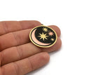 Brass Round Charm, Raw Brass And Copper Crescent Moon And Star Patterned Round Shape Charm With 1 Loop (36x34x1.5mm) N2164