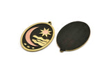 Brass Oval Charm, Raw Brass And Copper Crescent Moon And Sun Patterned Oval Shape Charm With 1 Loop (40x28x1.5mm) N2166