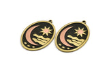 Brass Oval Charm, Raw Brass And Copper Crescent Moon And Sun Patterned Oval Shape Charm With 1 Loop (40x28x1.5mm) N2166