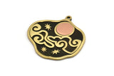 Brass Irregular Charm, Raw Brass And Copper Moon And Cloud Patterned Irregular Shape Charm With 1 Loop (37x36x1.4mm) N2165