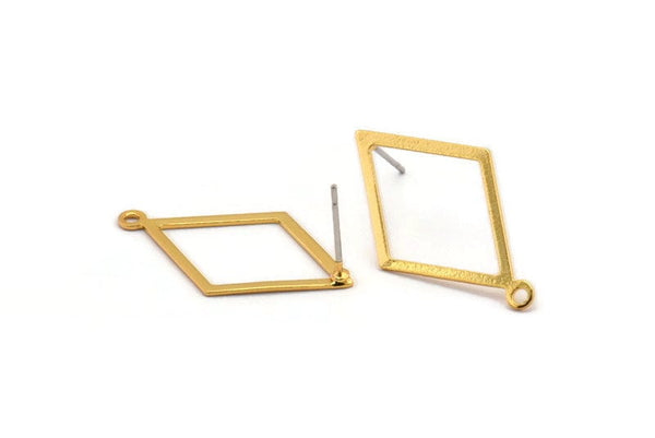 Gold Diamond Earring, 4 Gold Plated Brass Rhombus Stud Earrings With 1 Loop (29x17x0.60mm) D1227 A1406