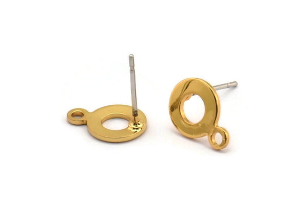 Gold Circle Earring, 6 Gold Plated Brass Circle Stud Earrings With 1 Loop (11x8x0.80mm) M041 A1489