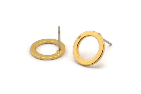 Gold Circle Earring, 4 Gold Plated Brass Circle Stud Earrings (12x0.90mm) D1583 A1384