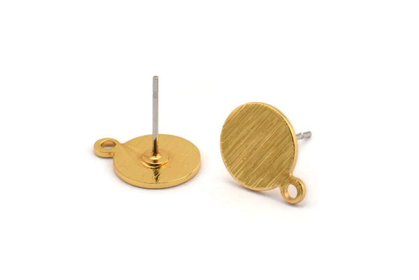 Gold Circle Earring, 6 Textured Gold Plated Brass Round Stud Earrings With 1 Loop (13x10x0.80mm) M340 A1624