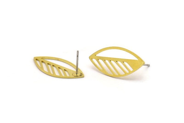 Brass Leaf Earring, 8 Raw Brass Leaf Shaped Stud Earrings, Findings (24x11.5x0.60mm) A4604