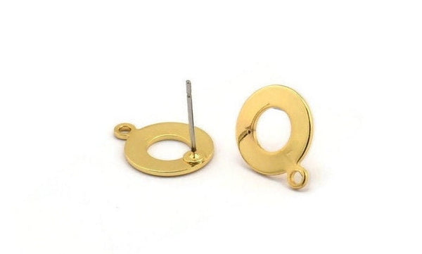 Gold Circle Earring, 6 Gold Plated Brass Circle Stud Earrings With 1 Loop, Findings (15x12x0.80mm) M043 A1490