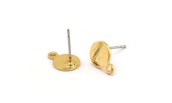 Gold Circle Earring, 8 Textured Gold Plated Brass Circle Stud Earrings With 1 Loop (11x8x0.80mm) M342 A2344