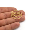 Brass Round Charm, 8 Raw Brass Rising Sun And Mount Patterned Round Shaped Charms With 1 Loop, Charm Pendants (33x30.5x0.60mm) A5179