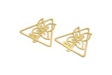 Brass Triangle Charm, 8 Raw Brass Flower Patterned Triangle Shaped Charms, Findings (35.5x37x0.60mm) A5177