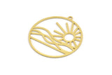 Brass Round Charm, 4 Raw Brass Rising Sun And Wavy Patterned Round Shaped Charms With 1 Loop, Charm Pendants (35.5x33x0.60mm) A5195